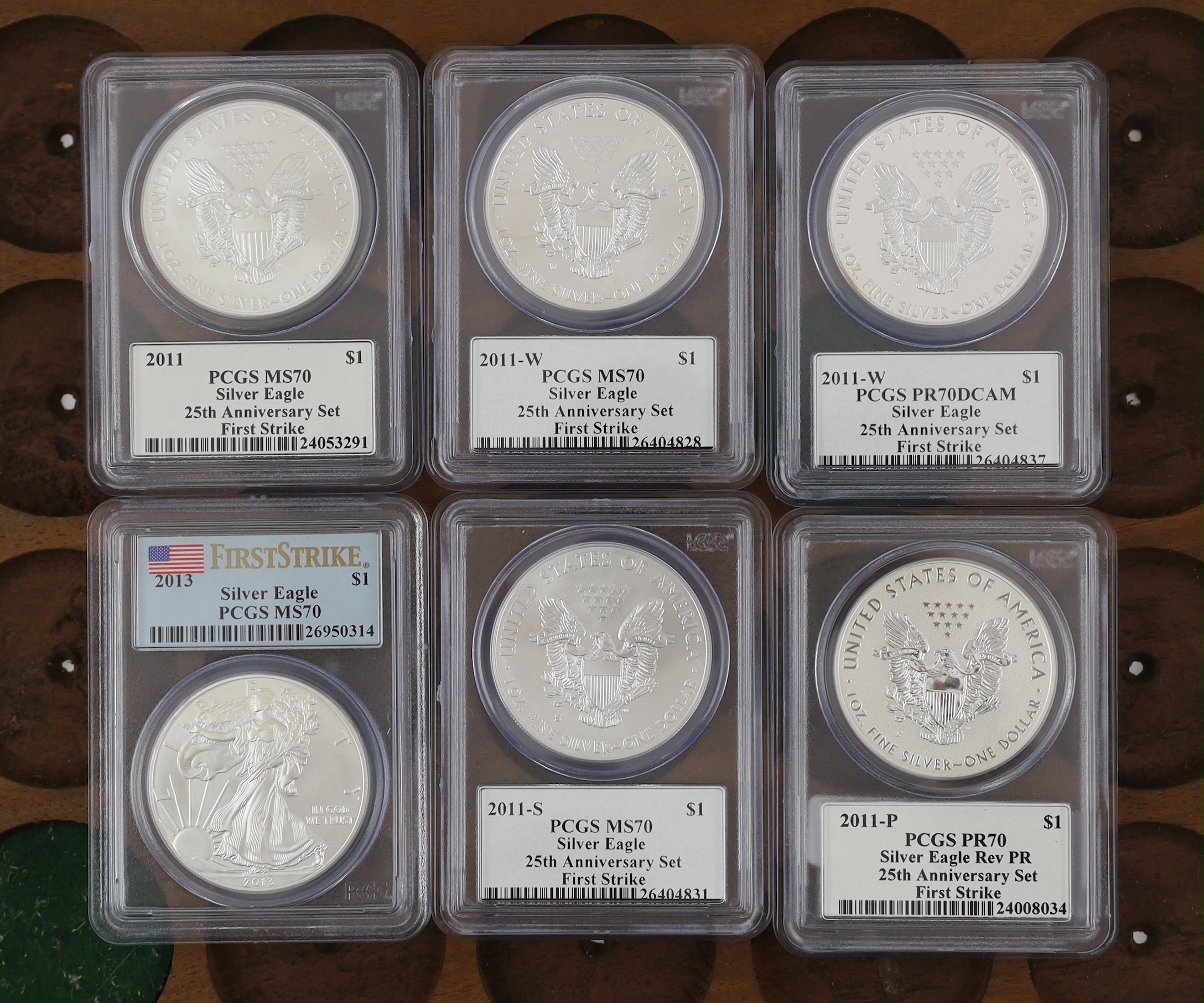 US coins, five first strike silver eagle $1, (2011, two 2011-W, 2011-P, 2011-S) a 2013 silver eagle dollar, all PCGS sealed and graded MS70 or PR70 (6)